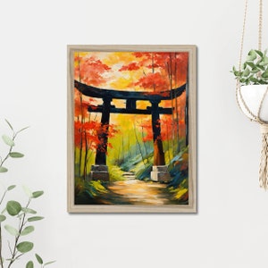 A painting of a torii gate in a lush green forest. The gate is made of wood and has two red pillars and a black crossbeam. The forest is filled with tall trees with green leaves and ferns growing on the ground.