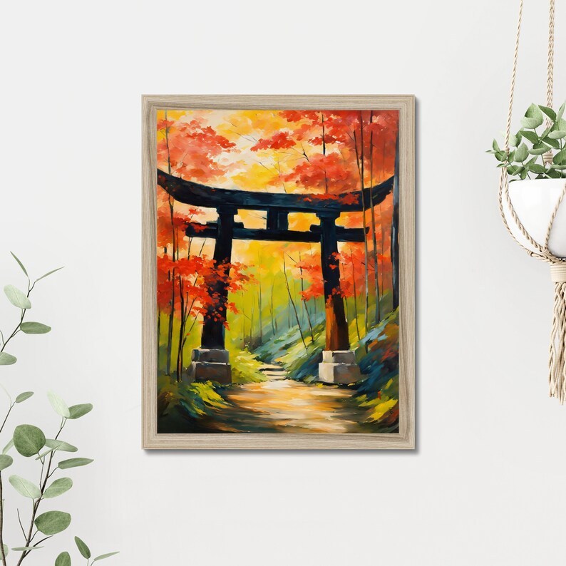 A painting of a torii gate in a lush green forest. The gate is made of wood and has two red pillars and a black crossbeam. The forest is filled with tall trees with green leaves and ferns growing on the ground.
