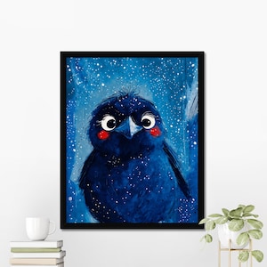 Blue Bird Art Print, Cartoon Bird Portrait, Baby Bird, Whimsical Wall Art, Kids Room Decor, Cute Animal Print, 8x10-24x36, Nursery Decor