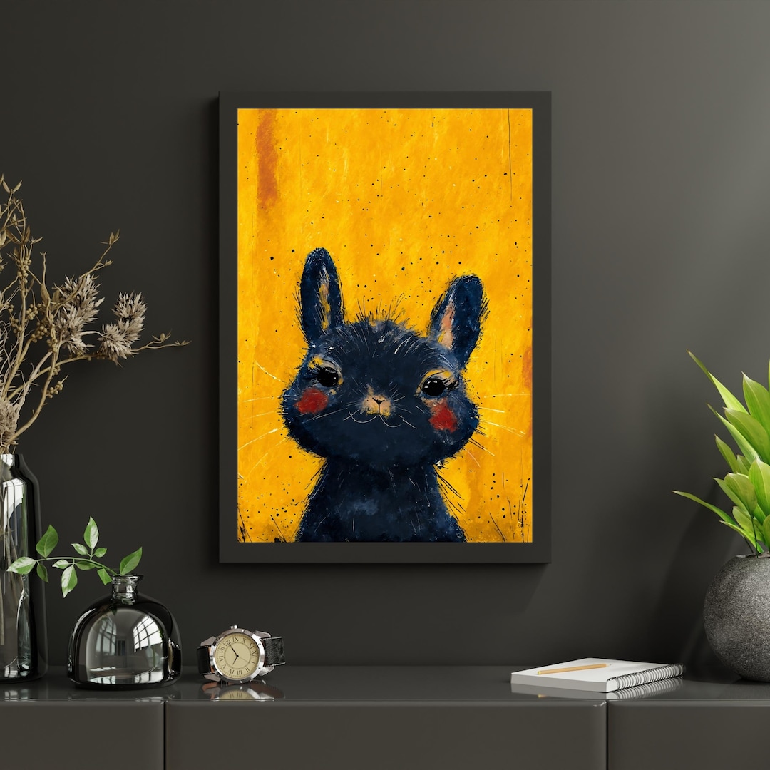Black Baby Bunny Art Print, Cute Rabbit Portrait, Black & Yellow Bunny ...