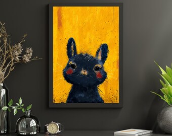 Black Baby Bunny Art Print,  Cute Rabbit Portrait, Black & Yellow Bunny Wall Art, Kids Room Decor, Nursery Art, Whimsical Gift, 8x10-24x36