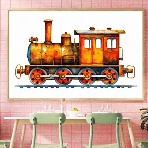 Rustic Steam Locomotive Painting Art Print, Vintage Train Wall Art, Railroad Engine Poster, Kids Transportation Decor, Antique Train Print