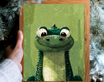 Friendly Green Dinosaur Art Print: Kids Nursery Decor