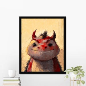 Impresión artística de retrato de dragón rojo, lienzo de dragón demonio amistoso, lindo monstruo diabólico para pared, decoración de habitación para niños, regalo de criatura fantástica, 8 x 10-24 x 36