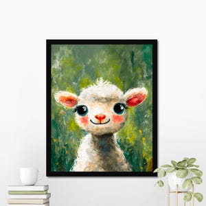 Stampa di un grazioso ritratto di pecora arrossita / Arte su sfondo verde su tela o carta opaca / Decorazione da parete per cameretta dei bambini, fattoria Cornici nere/marroni/bianche