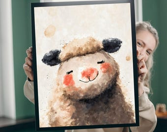 Impresión artística de oveja gordita y esponjosa, lindo retrato de cordero, arte de pared de oveja bebé, decoración de habitación de niños, arte de guardería, regalo de animales de granja, pinturas de 8 x 10 a 24 x 36