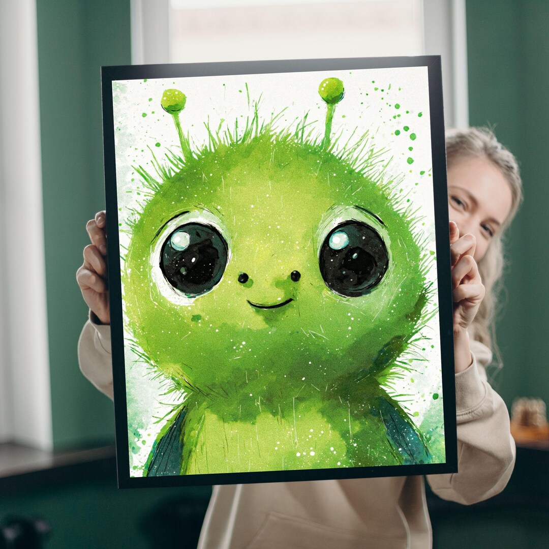 Cute Green Alien Art Print, Kawaii Space Creature Watercolor, Nursery ...