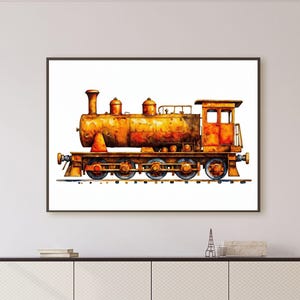 Vintage Steam Train Painting Art Print, Boys Room Decor, Rusty Locomotive Wall Art, Kids Train Poster, Transportation Nursery Decor