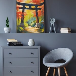 A painting of a torii gate in a lush green forest. The gate is made of wood and has two red pillars and a black crossbeam. The forest is filled with tall trees with green leaves and ferns growing on the ground.