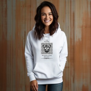 May include: White hooded sweatshirt with a black and white graphic of a bull wearing sunglasses and a beard. The text on the graphic reads "THE SQUARE. Not obtuse or acute. Just right."