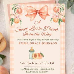 Sweet Little Peach Baby Shower Invitation Template, Watercolor Bow Theme (Digital Download)