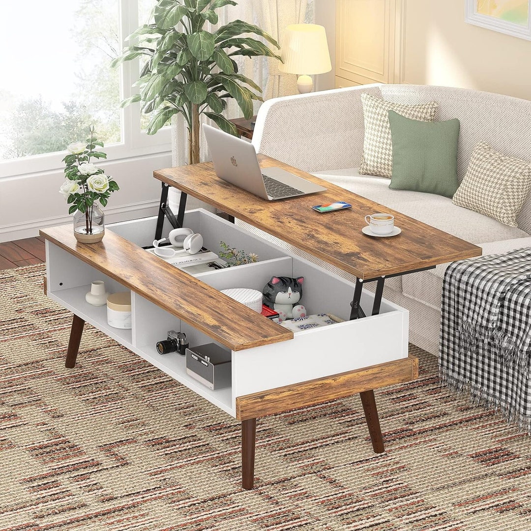 Rustic Brown Lift Top Coffee Table Modern Storage With Open Etsy