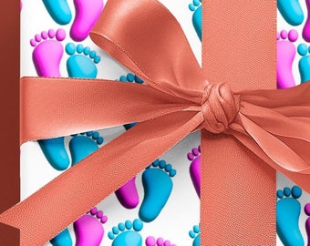 Papel de regalo con forma de pie de bebé: papel de regalo para revelación de género en azul y rosa, rollo de 1 a 10 m, papel de regalo para fiesta de baby shower