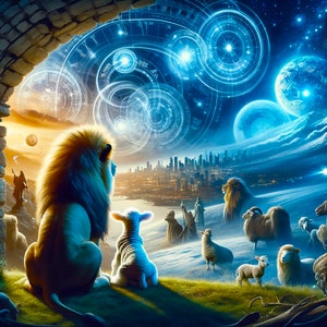 Puede incluir: Una ilustración digital que representa un león y un cordero de pie uno al lado del otro, mirando hacia una ciudad en la distancia. El fondo presenta un cielo estrellado con orbes y planetas brillantes.