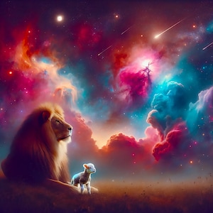 El León y el Cordero sentados uno al lado del otro, contemplando un cielo nocturno estrellado lleno de colores cósmicos, nebulosas y estrellas fugaces.