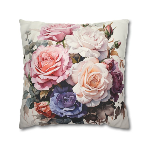 Faux Suede Square Pillow Case | Decorative Cushion Cover | Elegant Pastel Blooming Roses design |