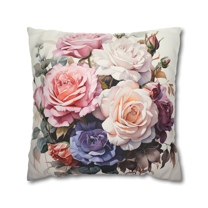 Funda de almohada cuadrada de gamuza sintética / Funda de cojín decorativa / Diseño elegante de rosas florecientes en tonos pastel / imagen 1