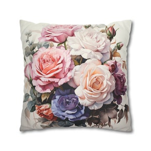 Funda de almohada cuadrada de gamuza sintética / Funda de cojín decorativa / Diseño elegante de rosas florecientes en tonos pastel / imagen 3