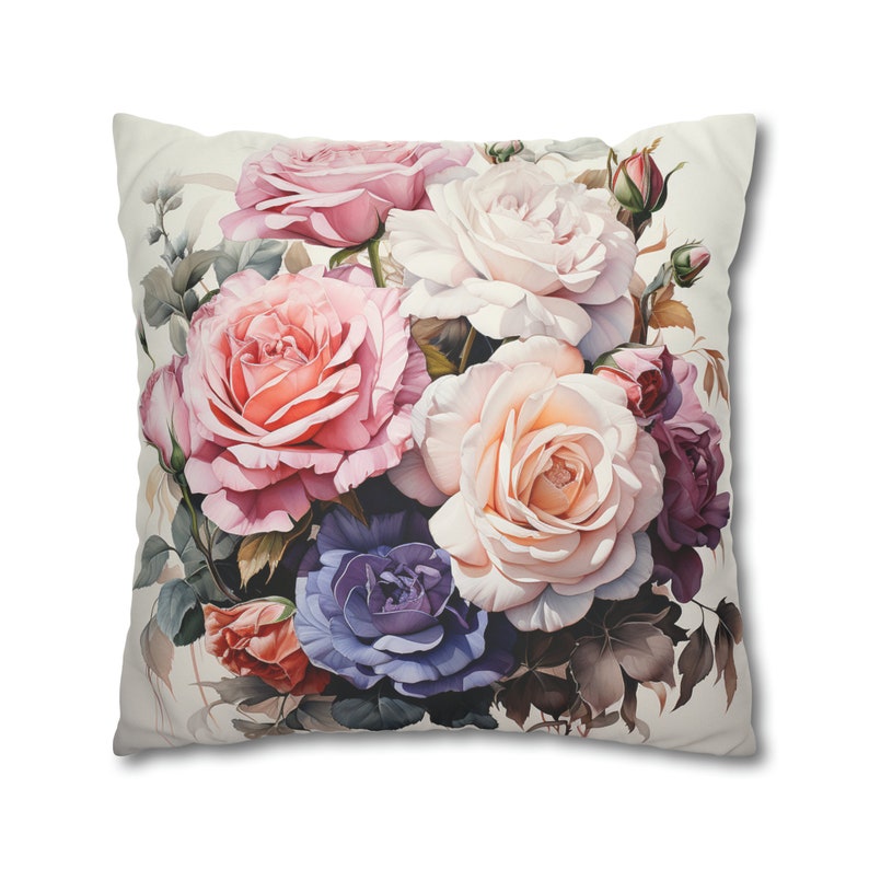 Funda de almohada cuadrada de gamuza sintética / Funda de cojín decorativa / Diseño elegante de rosas florecientes en tonos pastel / imagen 3