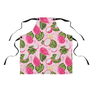 Apron | Dragon Fruit and Monstera Pattern | Elegant Pink and Green Accents |