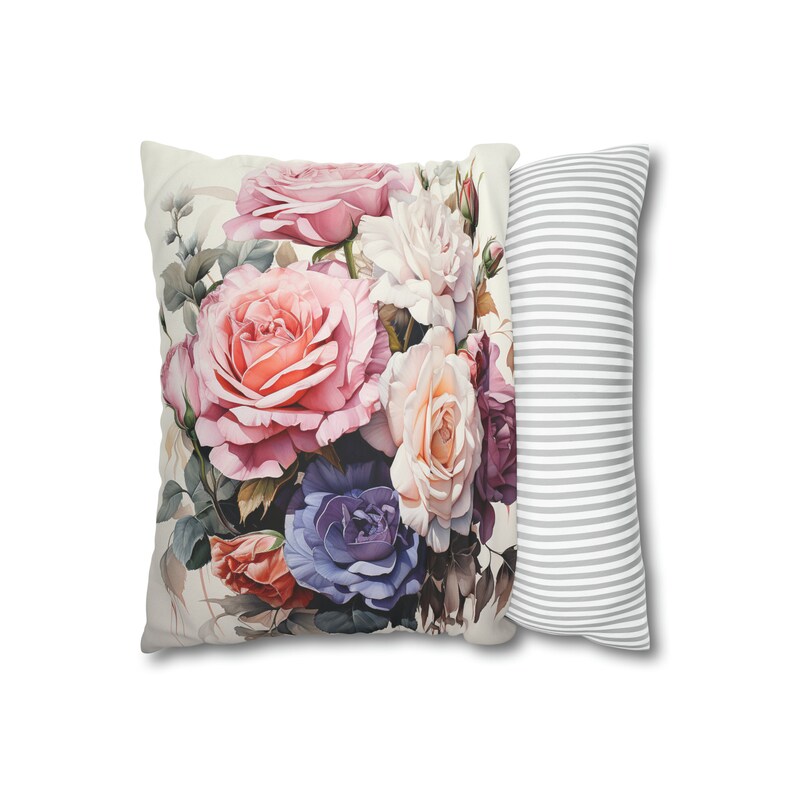 Funda de almohada cuadrada de gamuza sintética / Funda de cojín decorativa / Diseño elegante de rosas florecientes en tonos pastel / imagen 8