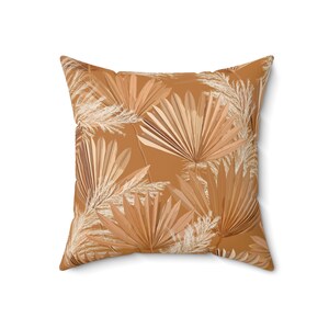 Faux Suede Square Pillow | Dry Pampas and Palm Leaf design | Elegant Warm Beige Accent |