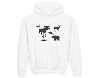 Sudadera juvenil con silueta de vida silvestre: sudadera de acampada para amantes de la naturaleza