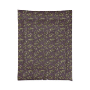 May include: A purple duvet cover with a repeating pattern of olive branches with green leaves and black olives.