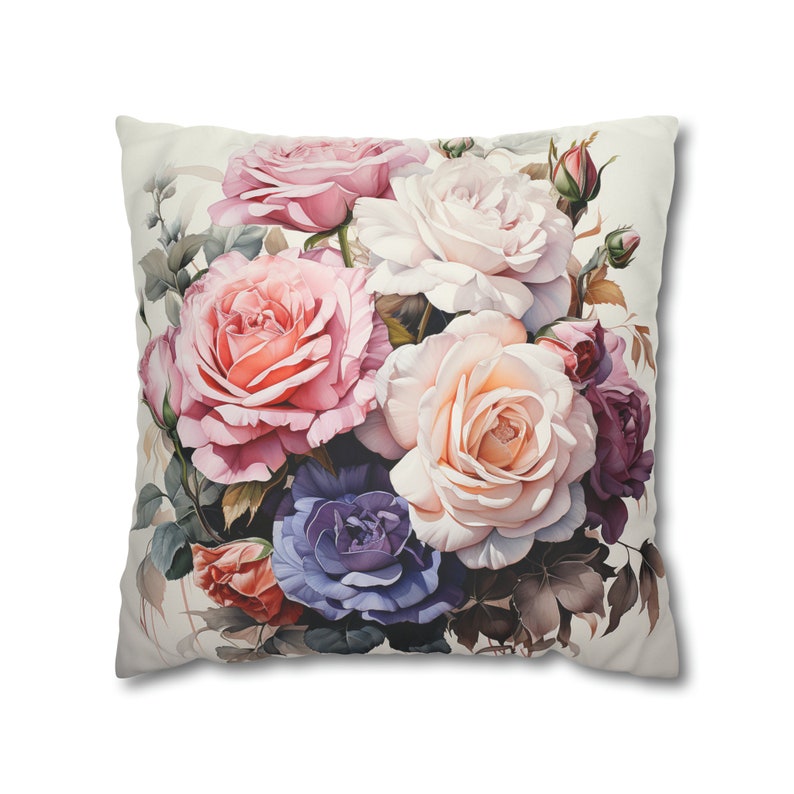 Funda de almohada cuadrada de gamuza sintética / Funda de cojín decorativa / Diseño elegante de rosas florecientes en tonos pastel / imagen 10