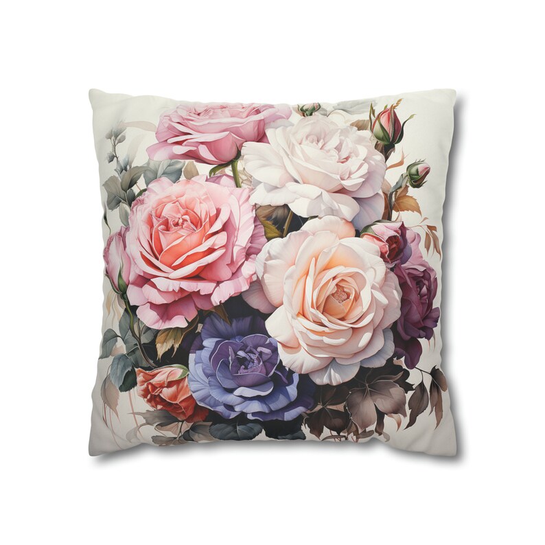 Funda de almohada cuadrada de gamuza sintética / Funda de cojín decorativa / Diseño elegante de rosas florecientes en tonos pastel / imagen 9