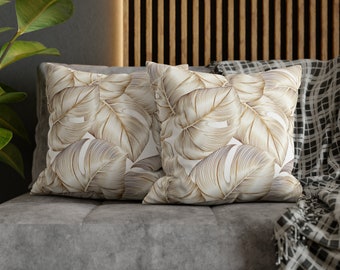 Funda de cojín cuadrada / Diseño de planta de hoja de Monstera / Elegante detalle dorado /