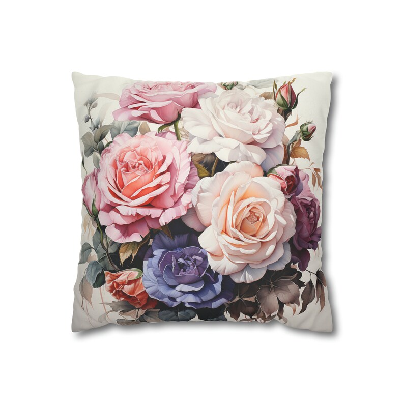 Funda de almohada cuadrada de gamuza sintética / Funda de cojín decorativa / Diseño elegante de rosas florecientes en tonos pastel / imagen 5