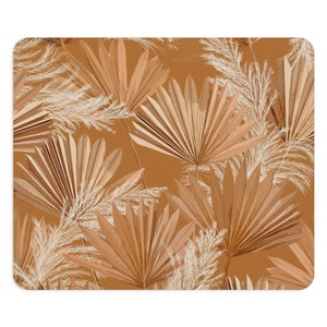 May include: A seamless pattern featuring dried palm leaves and pampas grass in shades of brown and beige on a brown background.