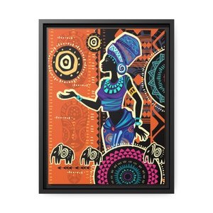 Femme noire africaine avec des symboles ethniques | Toile mate, cadre noir et couleurs chaudes |