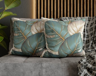 Funda de almohada de hoja de Monstera: detalles en verde azulado y dorado, cubierta de poliéster