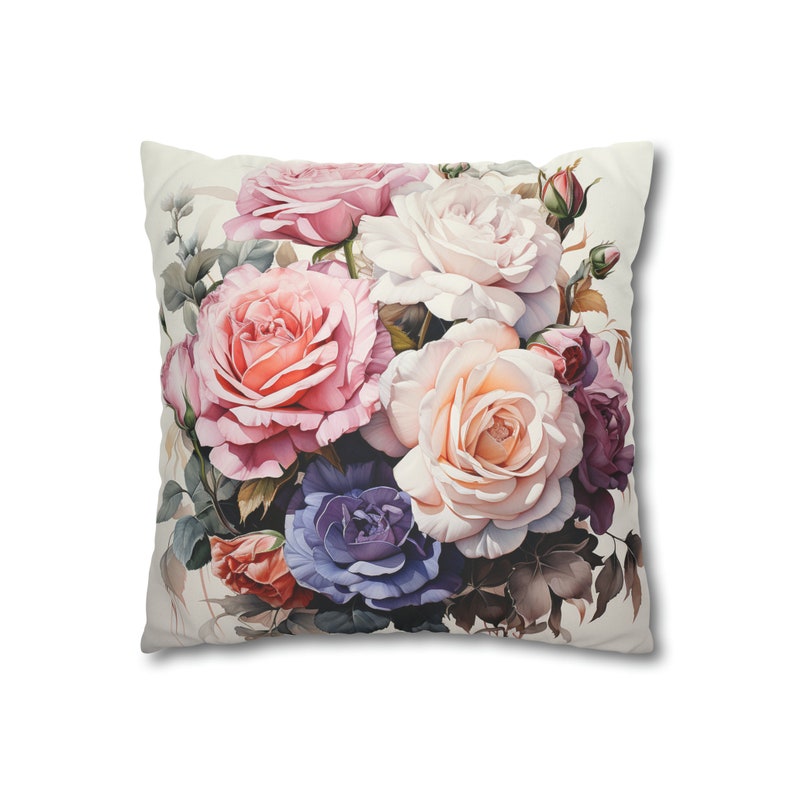 Funda de almohada cuadrada de gamuza sintética / Funda de cojín decorativa / Diseño elegante de rosas florecientes en tonos pastel / imagen 7