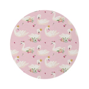 Pink Round Rug | Royal White Swan and Flowers patterns | Princess or Queen theme |