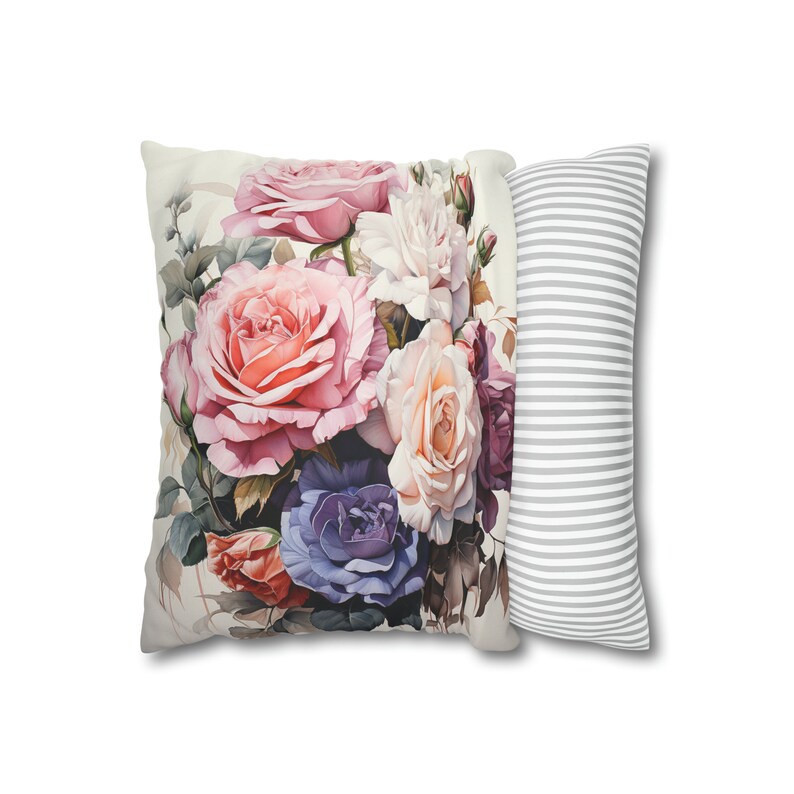 Funda de almohada cuadrada de gamuza sintética / Funda de cojín decorativa / Diseño elegante de rosas florecientes en tonos pastel / imagen 6