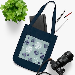 Organic Canvas Tote Bag | Blue Monstera Plant Theme |