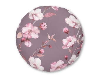 Almohada de suelo con mechones, redonda / Flores de cerezo en flor / Flores rosas y sensación primaveral /