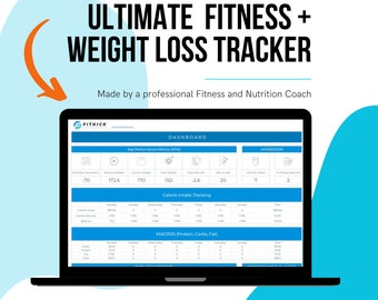 May include: A laptop computer screen displaying a fitness tracker app called "Fitkick". The app has a dashboard with key performance metrics, calorie intake tracking, and macros tracking. The app is designed to help users track their fitness progress and achieve their weight loss goals.