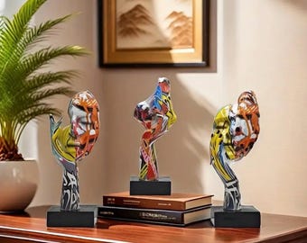 Three-piece set of graffiti thinker decorations, resin statue abstract art craft, suitable for bookshelf, home, living room, office, cabinet