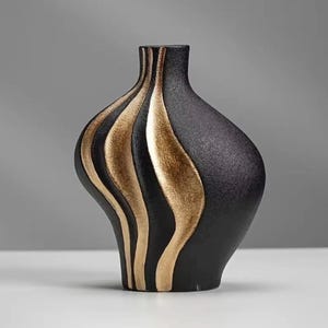 Puede incluir: Un jarrón de cerámica negro con un acabado texturizado y detalles dorados en forma de onda. El jarrón tiene un cuerpo redondeado y un cuello estrecho, adecuado para la decoración del hogar.