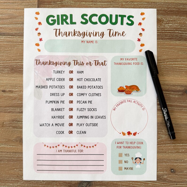 Girl Scouts Thanksgiving Favorites Worksheet About Me Printable PDF - Etsy
