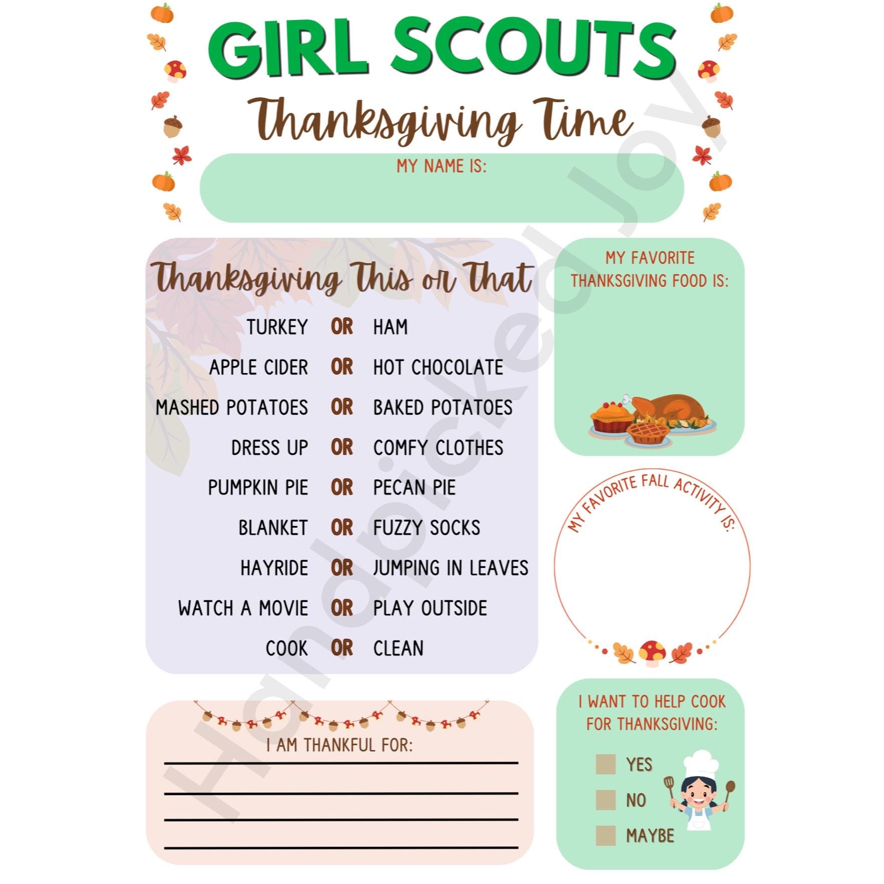 Girl Scouts Thanksgiving Favorites Worksheet About Me Printable PDF - Etsy