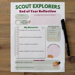 Può includere: Un foglio bianco intitolato "SCOUT EXPLORERS Riflessione di fine anno" con sezioni da compilare. Una penna Sharpie nera è a destra. Il foglio include spunti per ricordi, contributi alla comunità e obiettivi futuri.