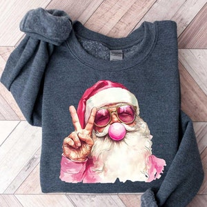 Christmas Bubble Gum Peace Sign Sweatshirt, Santa Blowing Bubble Shirt, Pink Christmas Santa Shirt, Retro Christmas Shirt, Santa Sweatshirt