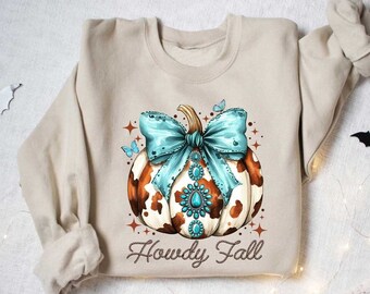 Howdy Fall Pumpkin Sweatshirt, Western Fall Shirt, Fall Coquette Bow T Shirt, Fall Vibes, Fall Sweatshirt, Thanksgiving Gift, Cowgirl Shirt