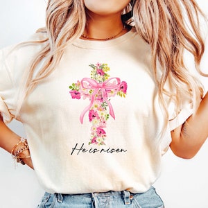 Floral Cross He is Risen Jesus Shirt, Easter Jesus Sweatshirt, Rabbit Tee, Happy Easter Day Gift, Coquette Easter, Cute Easter Shirt