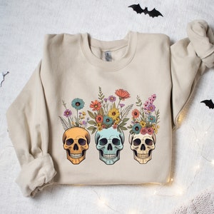 Floral Halloween Skull Sweatshirt, Wildflower Skeleton Sweater, Retro Halloween Vibes T Shirt, Skeleton Crewneck, Spooky Wildflower Shirt
